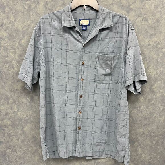 Porcini Other - Porcini Silk Blue Plaid Short Sleeve Button Down Casual Camp Collar Shirt Sz M